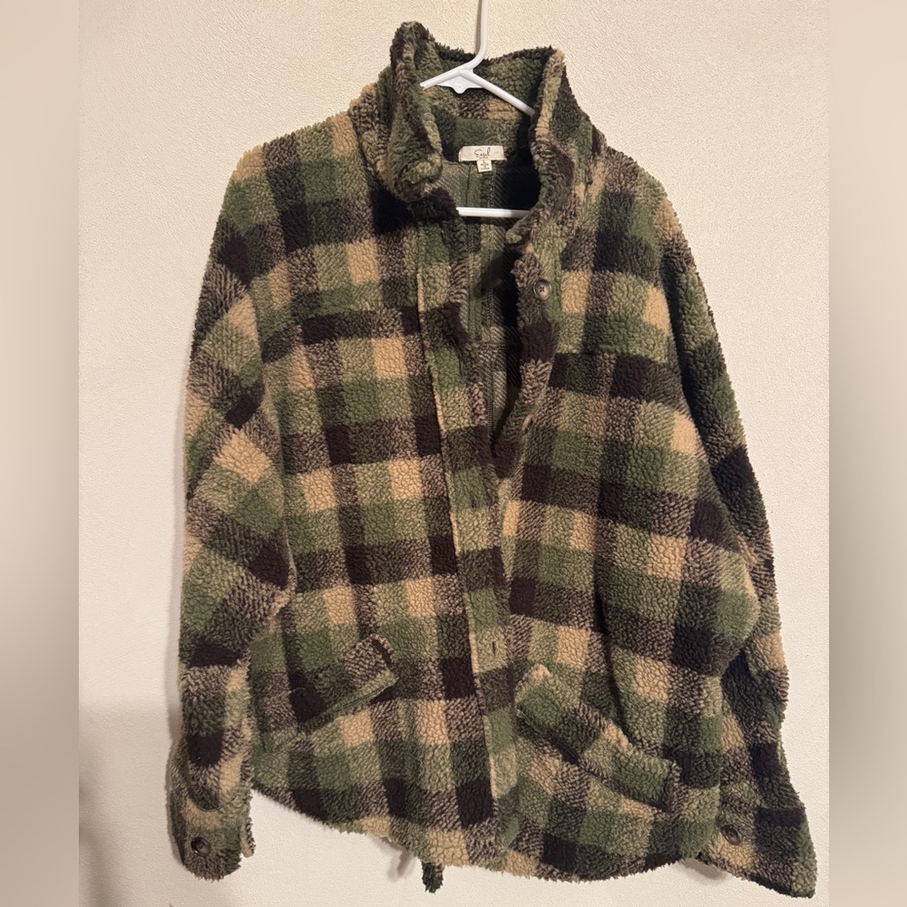 Plaid Sherpa Teddy Jacket with pockets- Green and Brown
